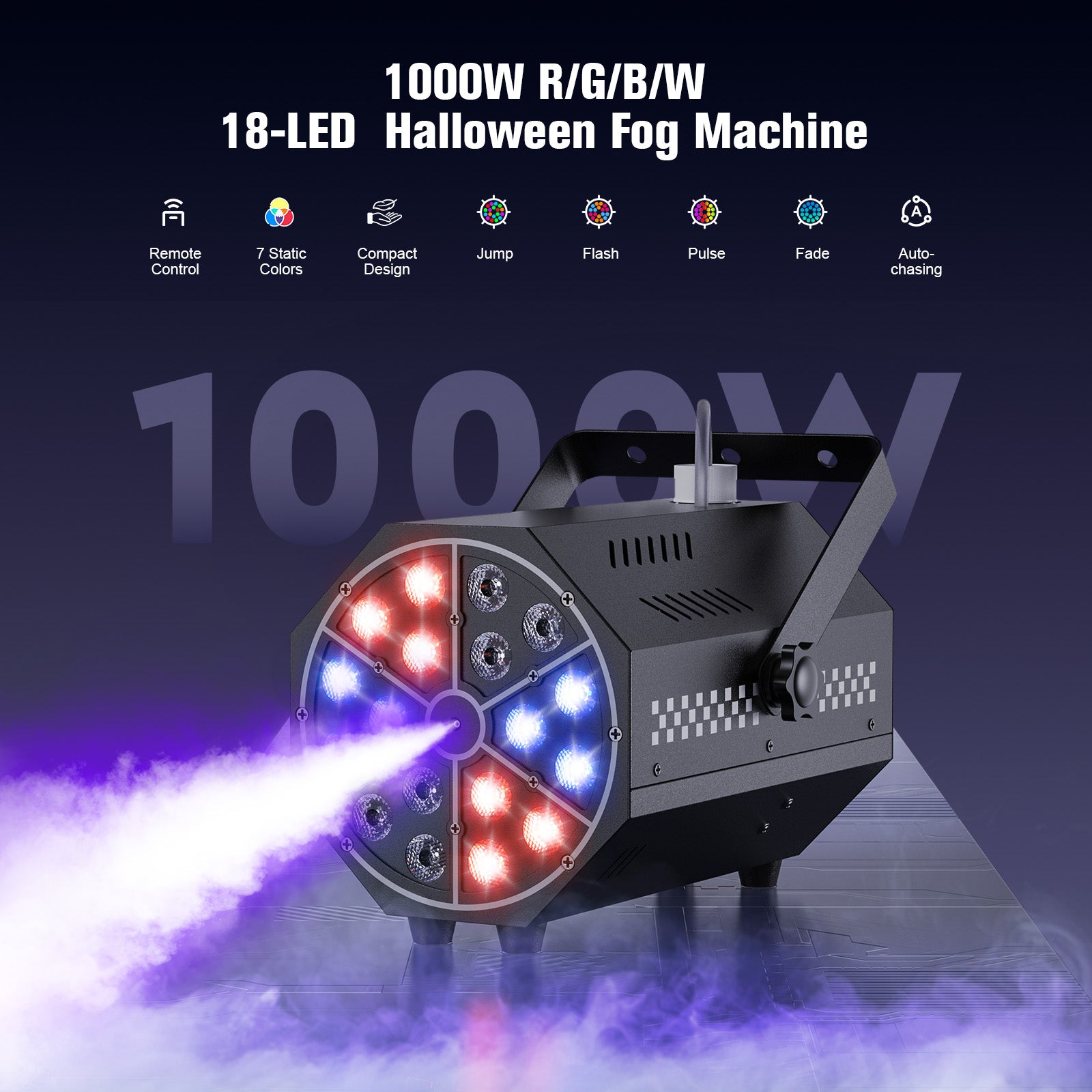 Halloween Fog Machine 1000W 18-LED RGB with Remote for Halloween Party Wedding
