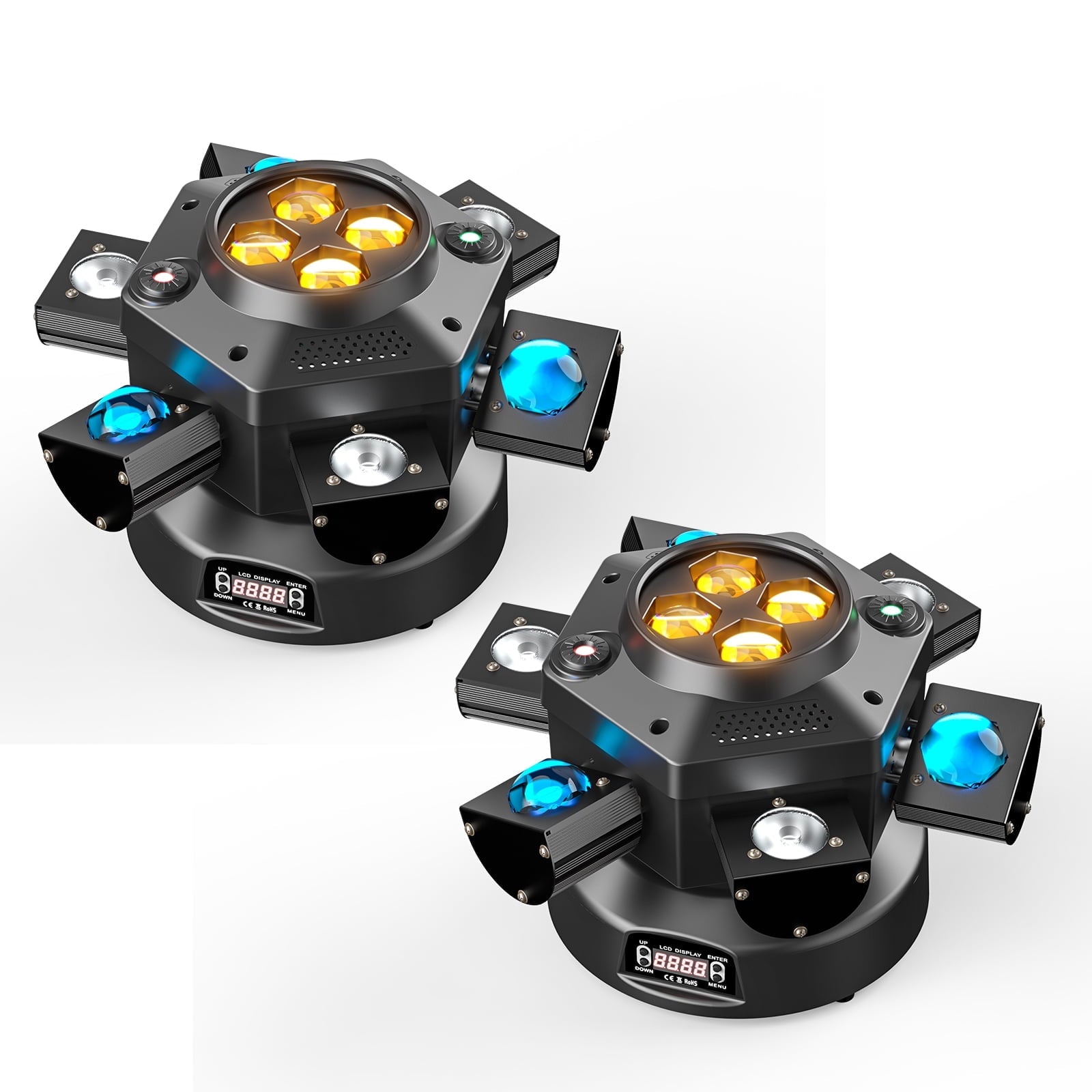 2Pcs 6 Arms Moving Head DJ Lights,200W Bee Eye DMX RGBW LED Stage Lights Show Disco Party Beam Lighting