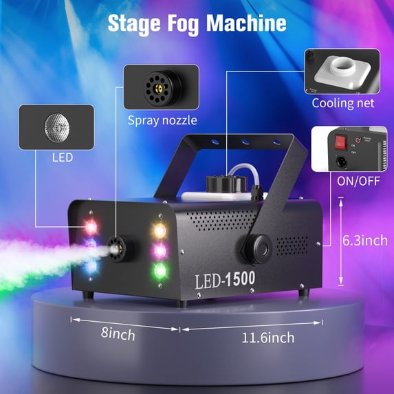 JAJALUYA 1500W Fog Machine 1L Capacity Smoke Machine RGB 6 LED Lights W/ Remote Control for Party Christmas DJ Disco Stage Party
