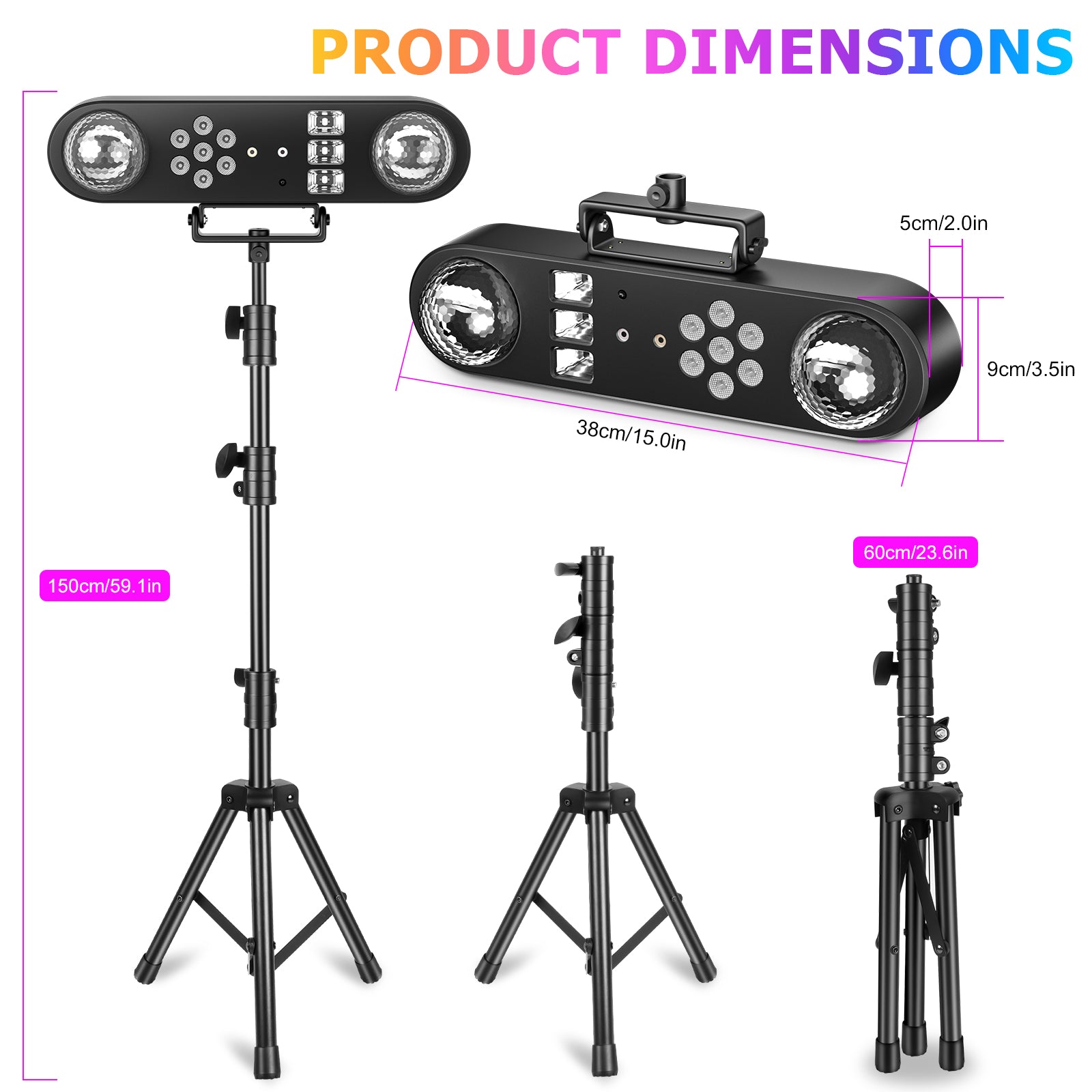DJ Light with Stand 5-in-1 Rotating RGB Balls & Remote – UV LED, Strobe, Sound-Activated Lighting for Parties, Weddings, Disco Clubs