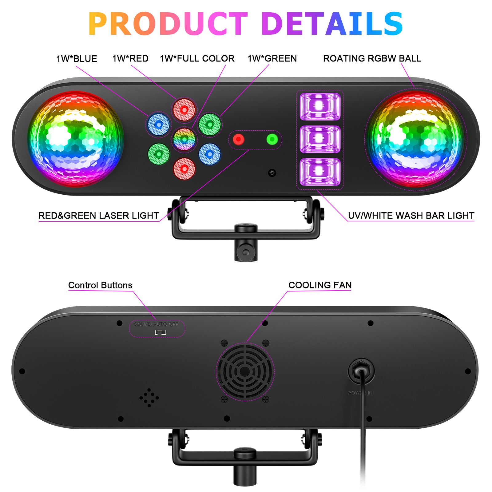 DJ Light with Stand 5-in-1 Rotating RGB Balls & Remote – UV LED, Strobe, Sound-Activated Lighting for Parties, Weddings, Disco Clubs