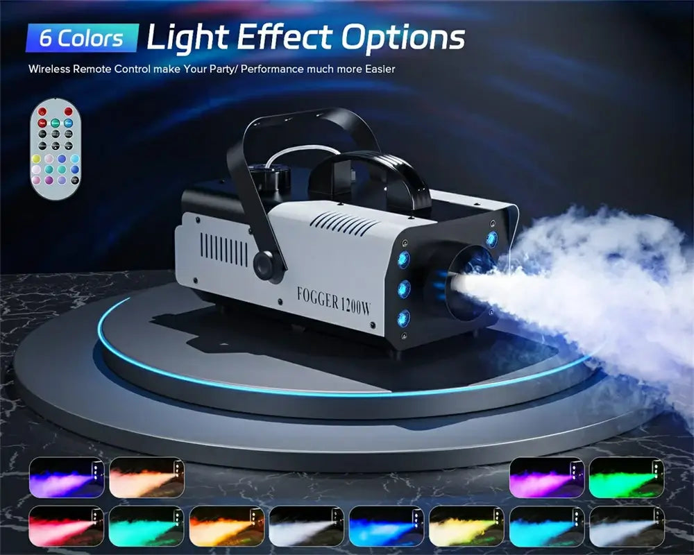 1200W Fog Machine with RGB LED Lights & Remote - Haze Smoke Generator for Halloween, Party, Stage, DJ, Club