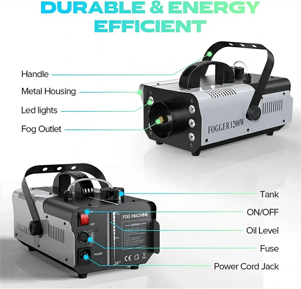 1200W Fog Machine with RGB LED Lights & Remote - Haze Smoke Generator for Halloween, Party, Stage, DJ, Club