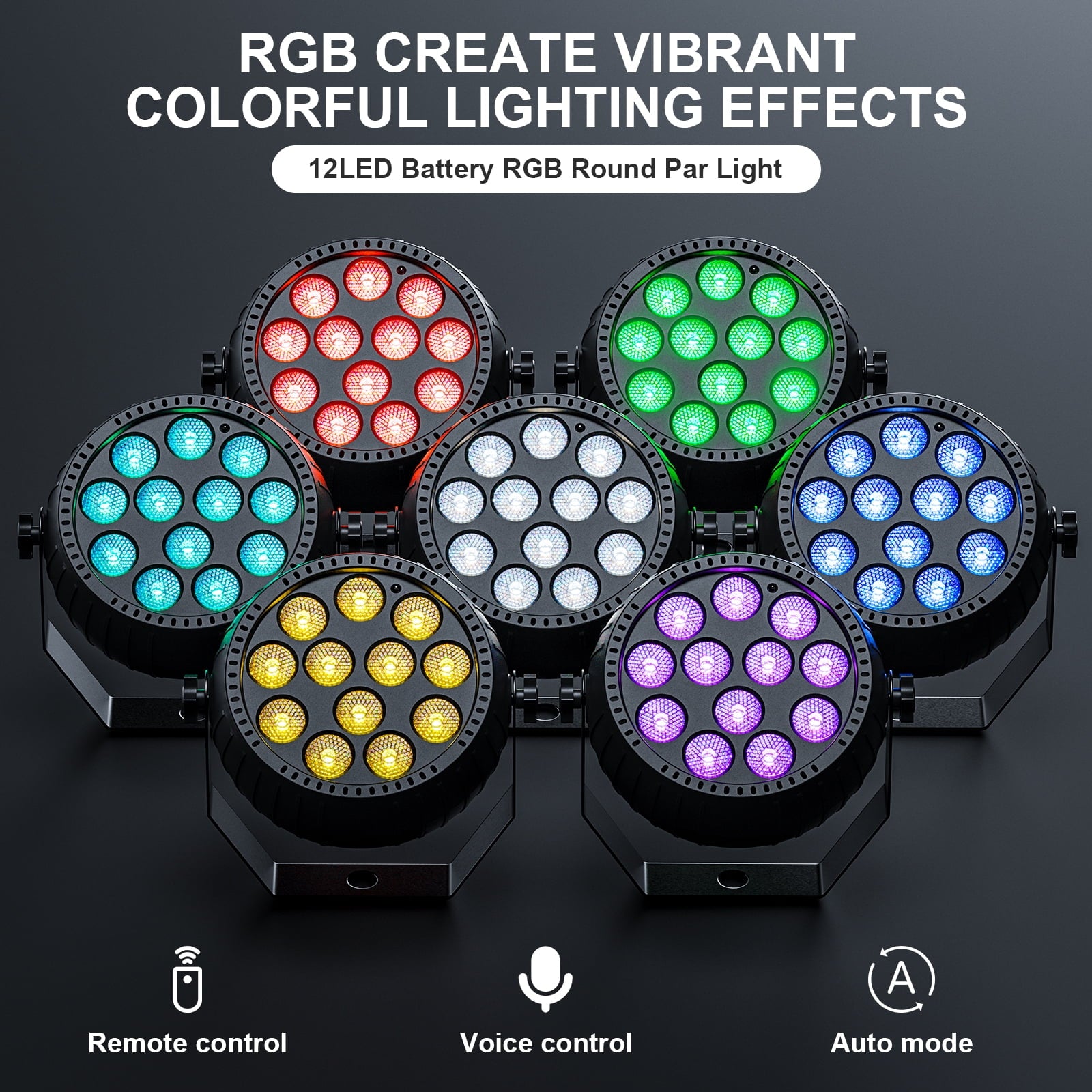 Rechargeable Stage Par Light,RGB 12 LED Stage Party Light w/Remote Control for Events DJ Disco Wedding Party,6 pcs