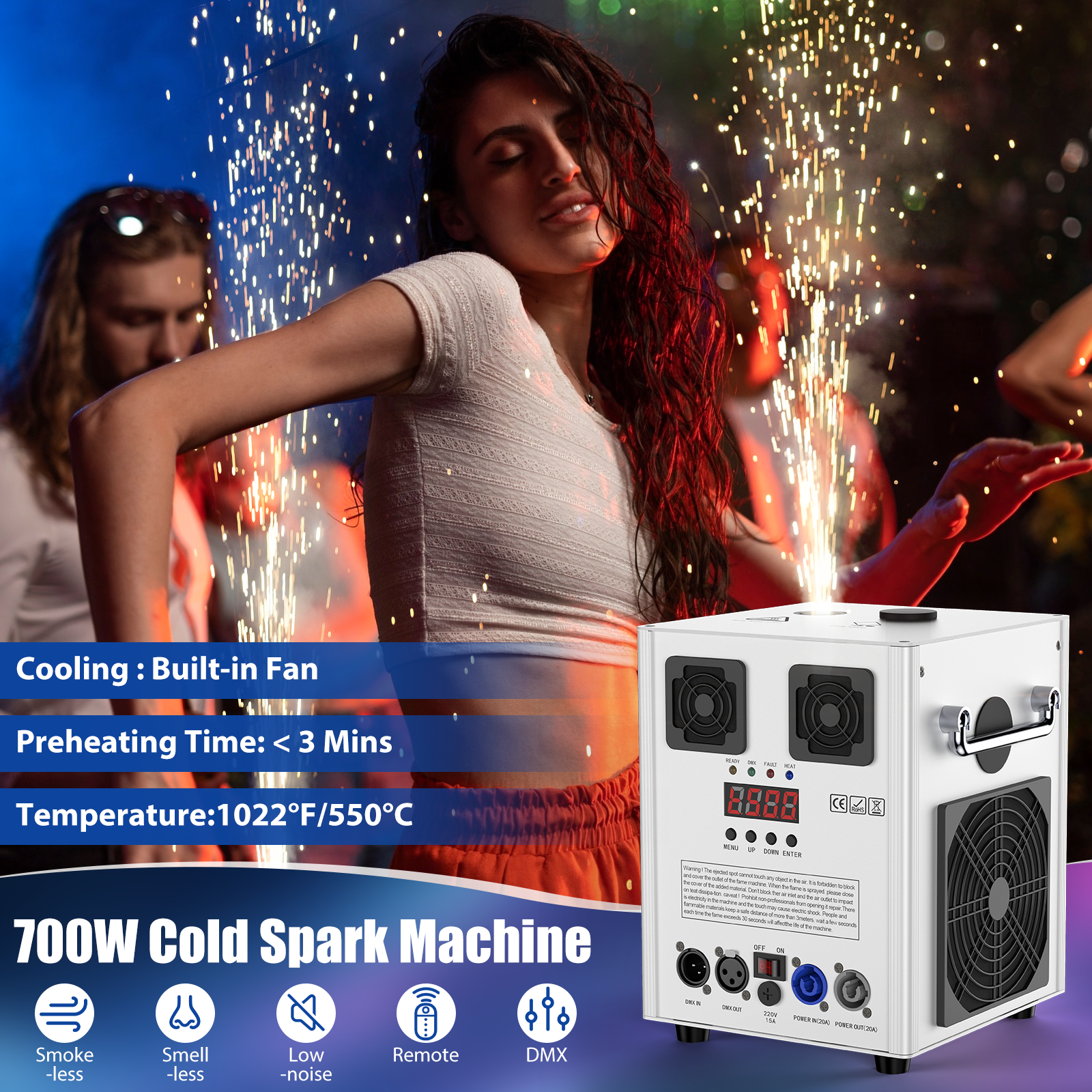 2PCS 700W Cold Spark Machine DMX512 Firework Machine 3-16ft Adjustable for Wedding Stage Party DJ Disco,White
