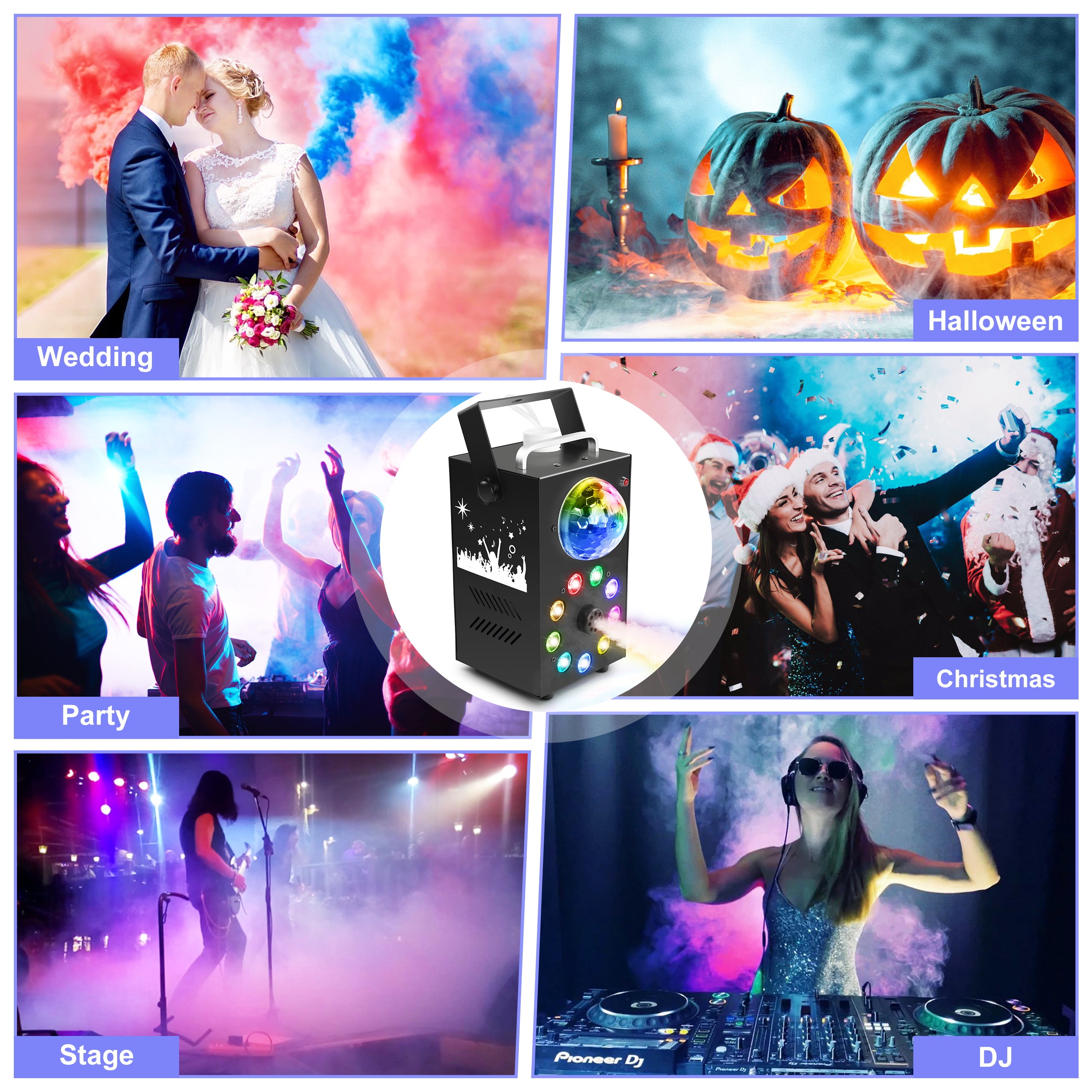 Smoke Machine 700W Fog Machine with Controllable 9 LED Color Lights and Disco Ball Lights for Christmas Wedding Party