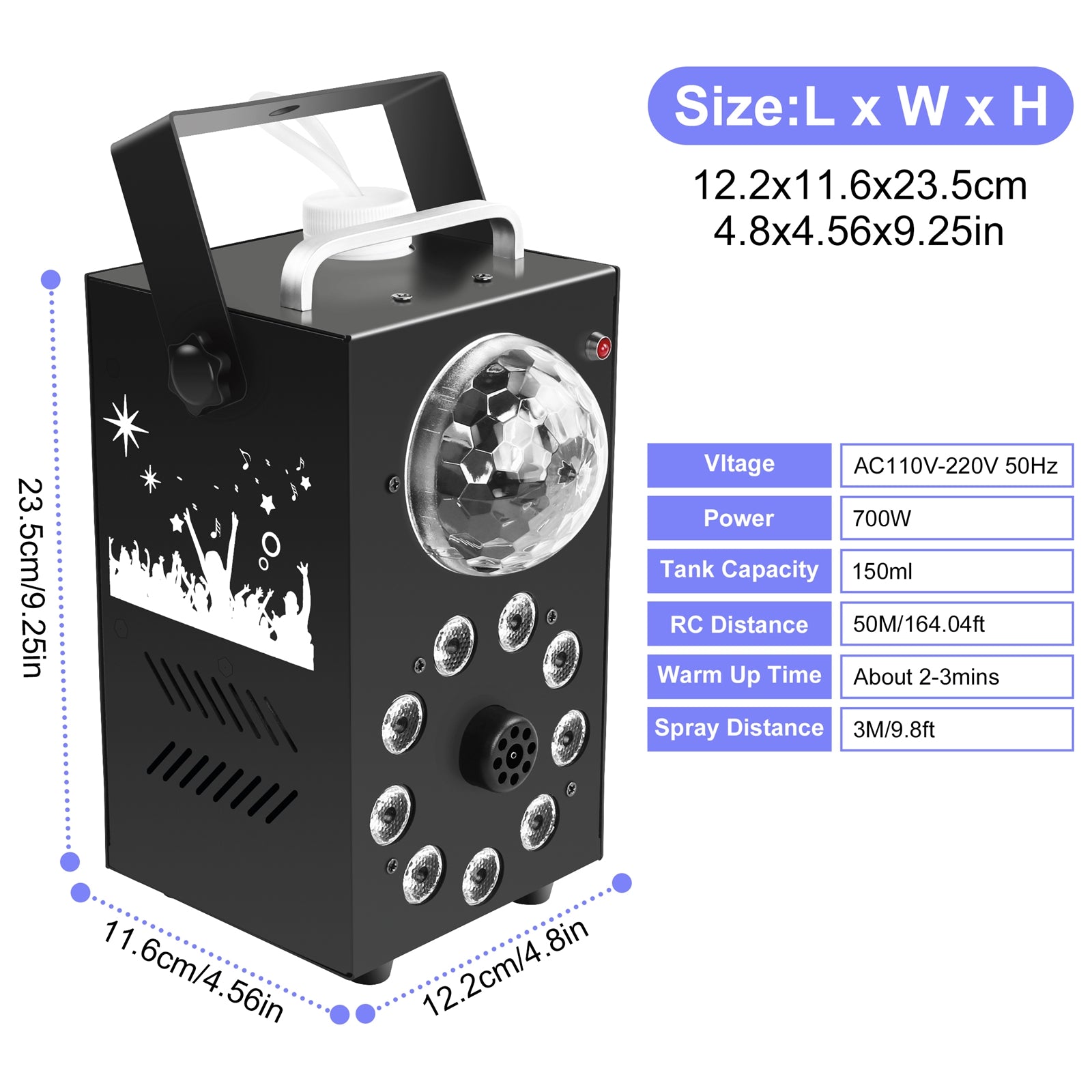 Smoke Machine 700W Fog Machine with Controllable 9 LED Color Lights and Disco Ball Lights for Christmas Wedding Party