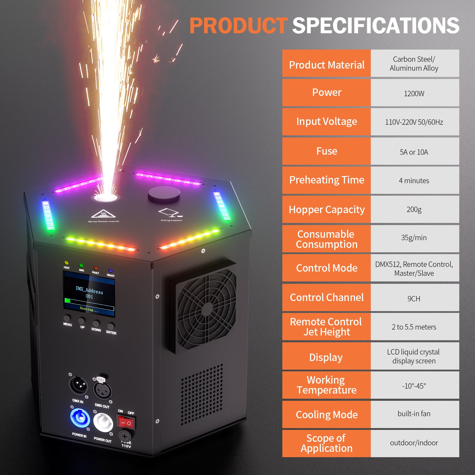 2Pack 1200W RGB LED Cold Spark Machine Firework Machine Stage Effect DMX for Wedding Party (Black)