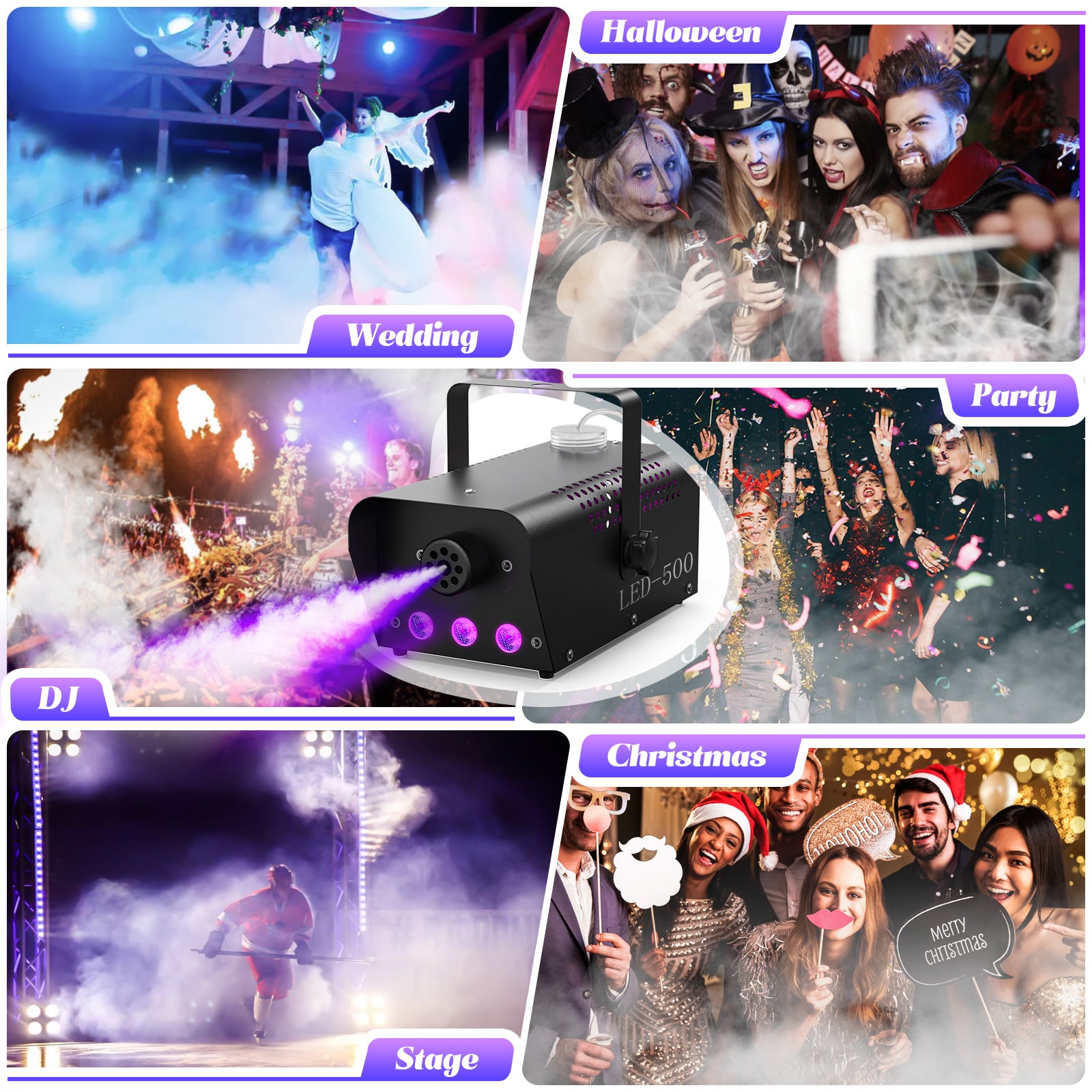 500W Fog Machine with RGB LED Lights, Remote Control, 3000CFM, 15 Lighting Effects for Wedding, DJ, Party, Concert, Halloween