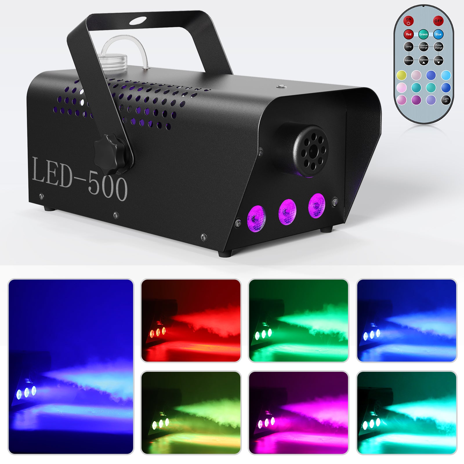 500W Fog Machine with RGB LED Lights, Remote Control, 3000CFM, 15 Lighting Effects for Wedding, DJ, Party, Concert, Halloween