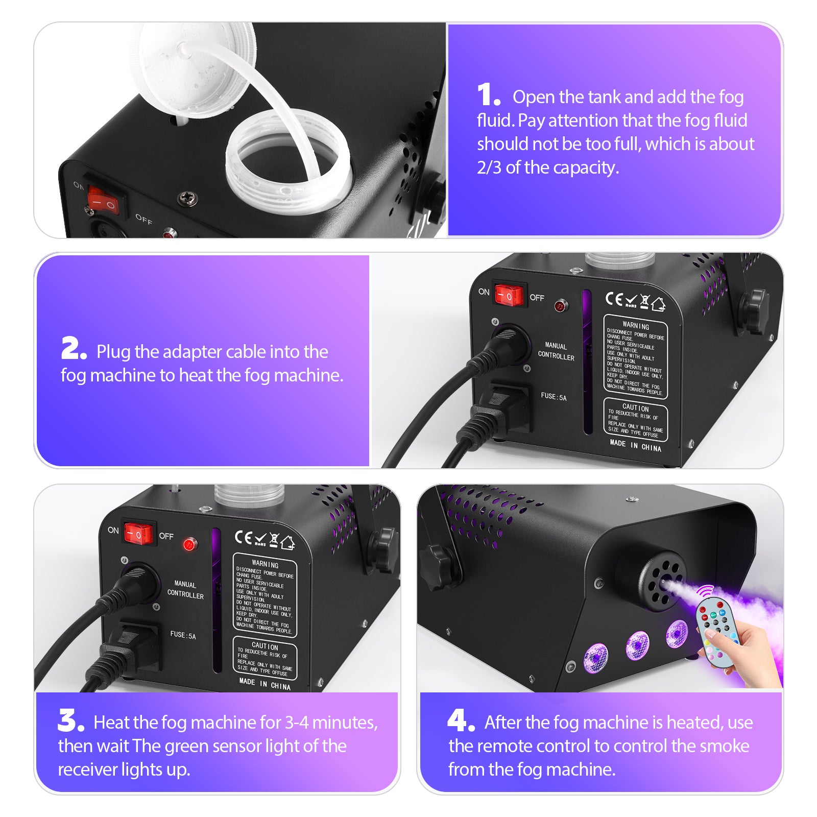 500W Fog Machine with RGB LED Lights, Remote Control, 3000CFM, 15 Lighting Effects for Wedding, DJ, Party, Concert, Halloween