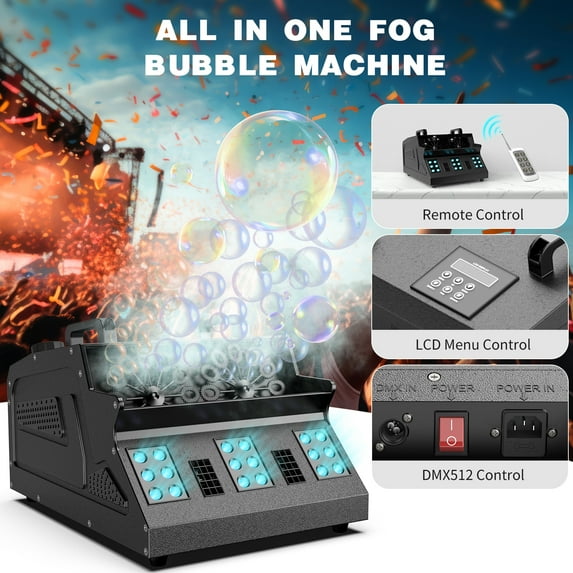2000W Fog Bubble Machine with 18 RGB LED Lights, 3-in-1 Smoke & Bubble Maker for Party, Halloween, Wedding