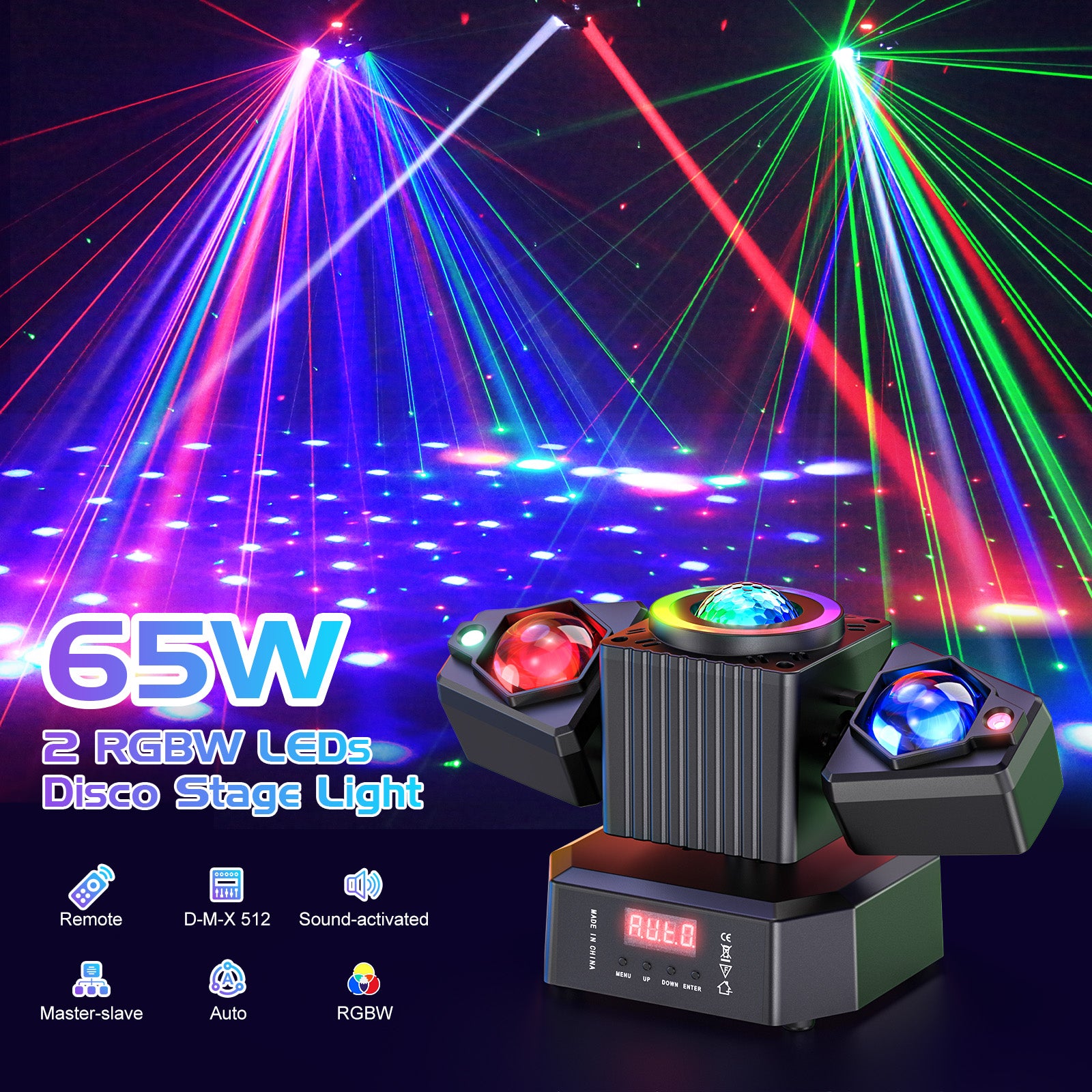 2-Pack 65W RGBW Dual-Arm Stage Light with Starry Effect - Remote/DMX512/Auto/Sound Control for DJ Parties & Events
