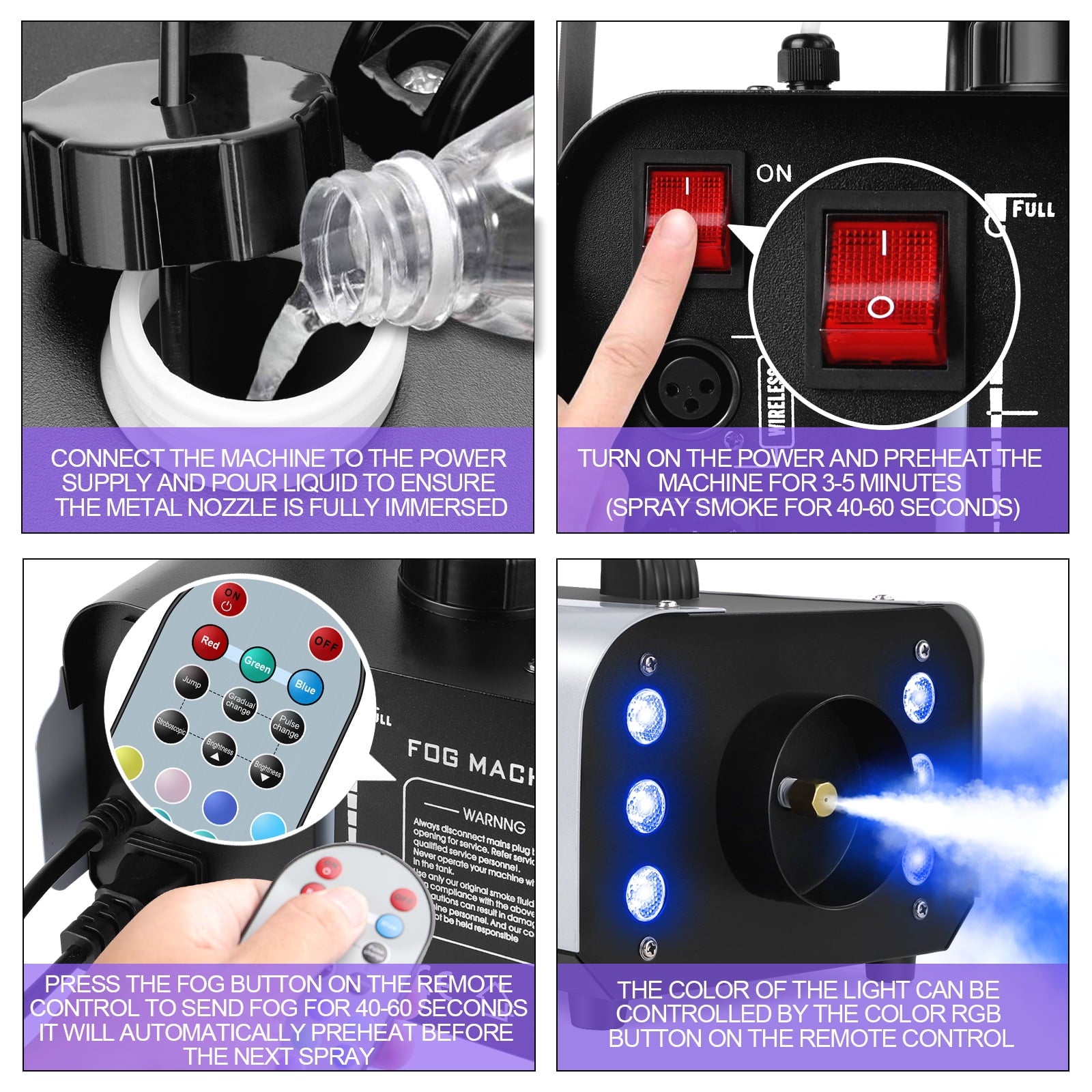 Fog Machine Smoke Machine 1200W with RGB LED Lights & Remote - Haze Smoke Generator for Halloween, Party, Stage, DJ, Club