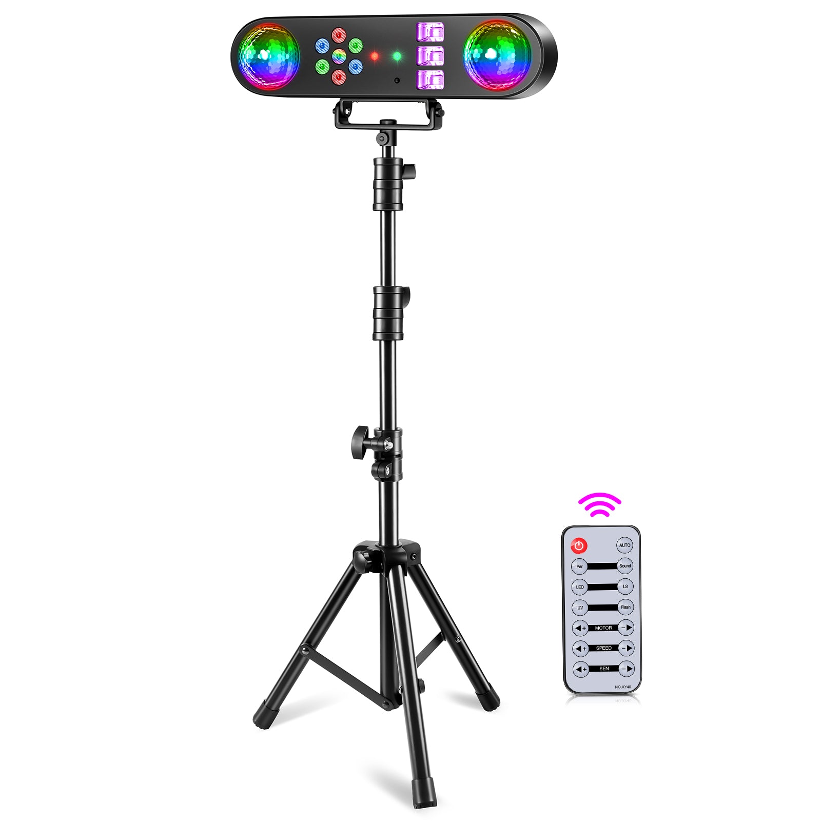 DJ Light with Stand 5-in-1 Rotating RGB Balls & Remote – UV LED, Strobe, Sound-Activated Lighting for Parties, Weddings, Disco Clubs