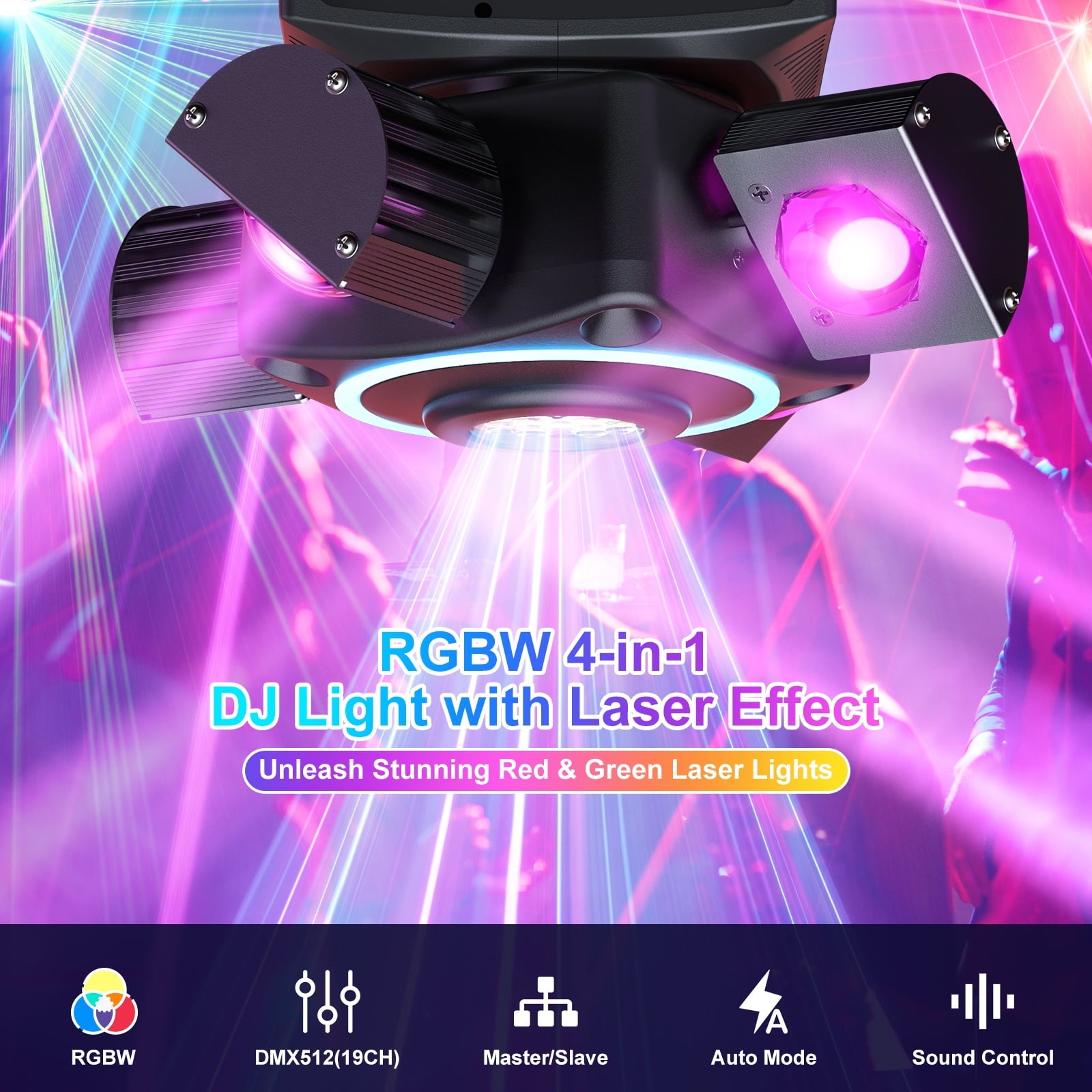 4 Arms Moving Head DJ Lights, RGBW 4 in 1 LED Stage Party Light with Star Effect, Sound Activated DMX512 DJ Light for Party Disco KTV Club Wedding