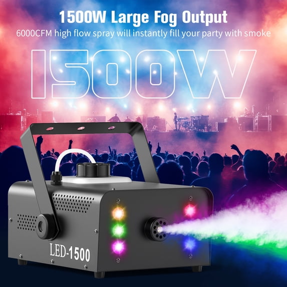 JAJALUYA 1500W Fog Machine 1L Capacity Smoke Machine RGB 6 LED Lights W/ Remote Control for Party Christmas DJ Disco Stage Party