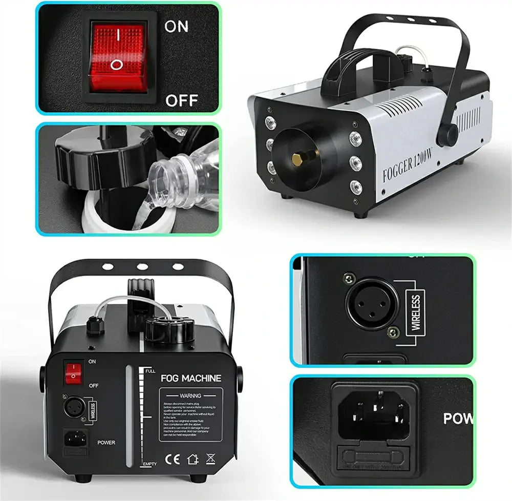 Fog Machine 1200W with Wireless Remote Control and 6 LED Lights