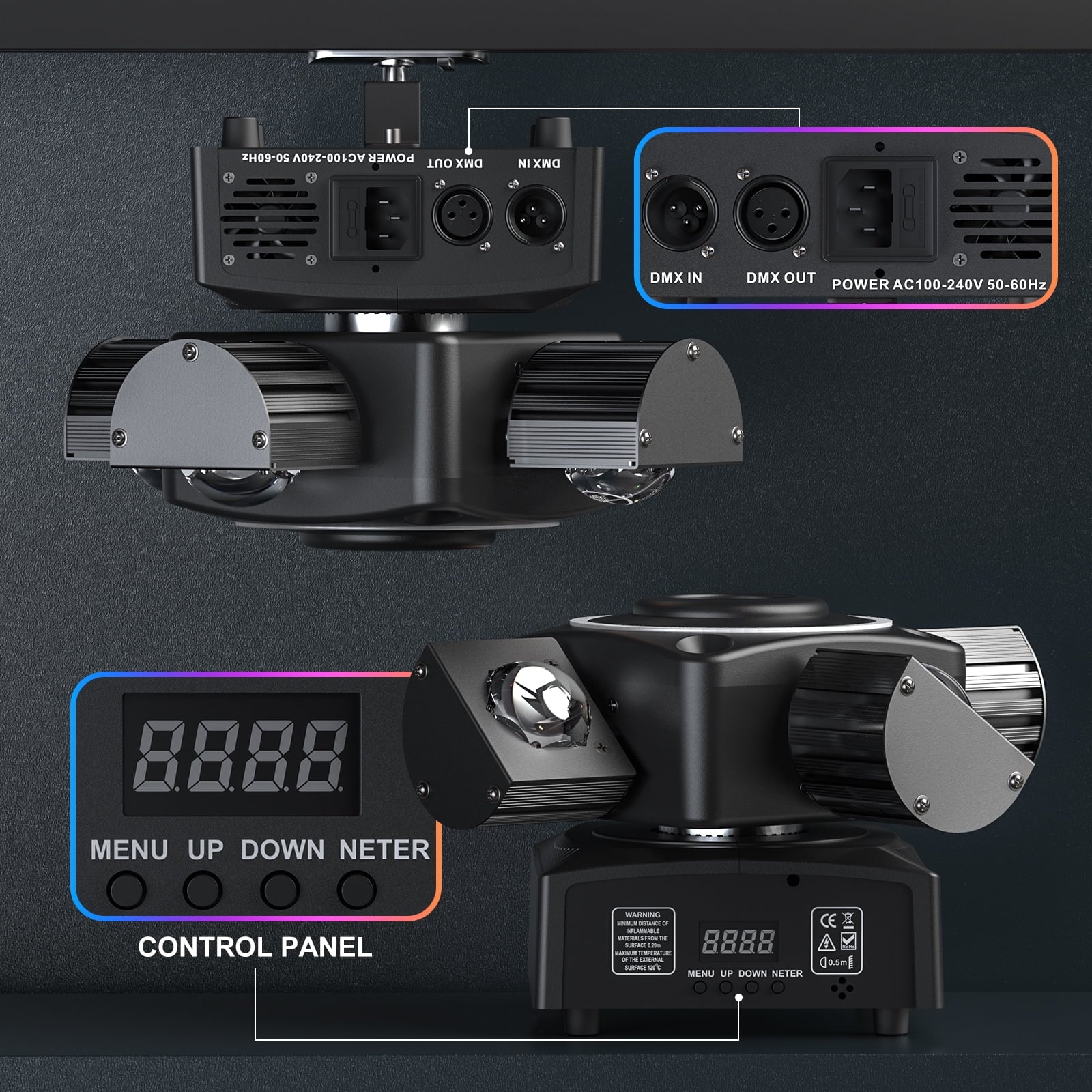4 Arms Moving Head DJ Lights, RGBW 4 in 1 LED Stage Party Light with Star Effect, Sound Activated DMX512 DJ Light for Party Disco KTV Club Wedding