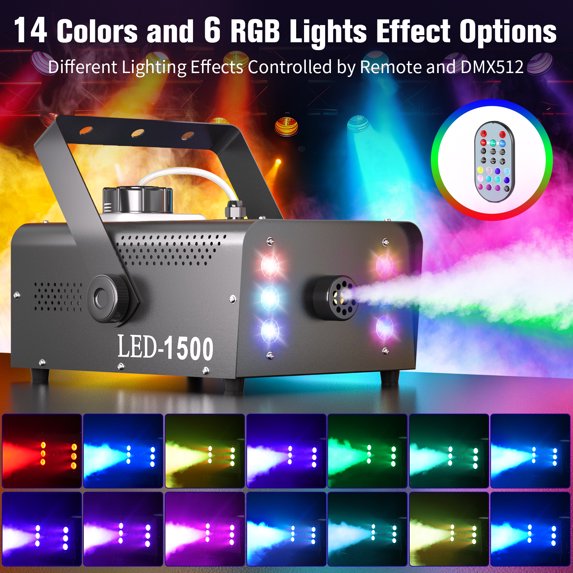 JAJALUYA 1500W Fog Machine 1L Capacity Smoke Machine RGB 6 LED Lights W/ Remote Control for Party Christmas DJ Disco Stage Party