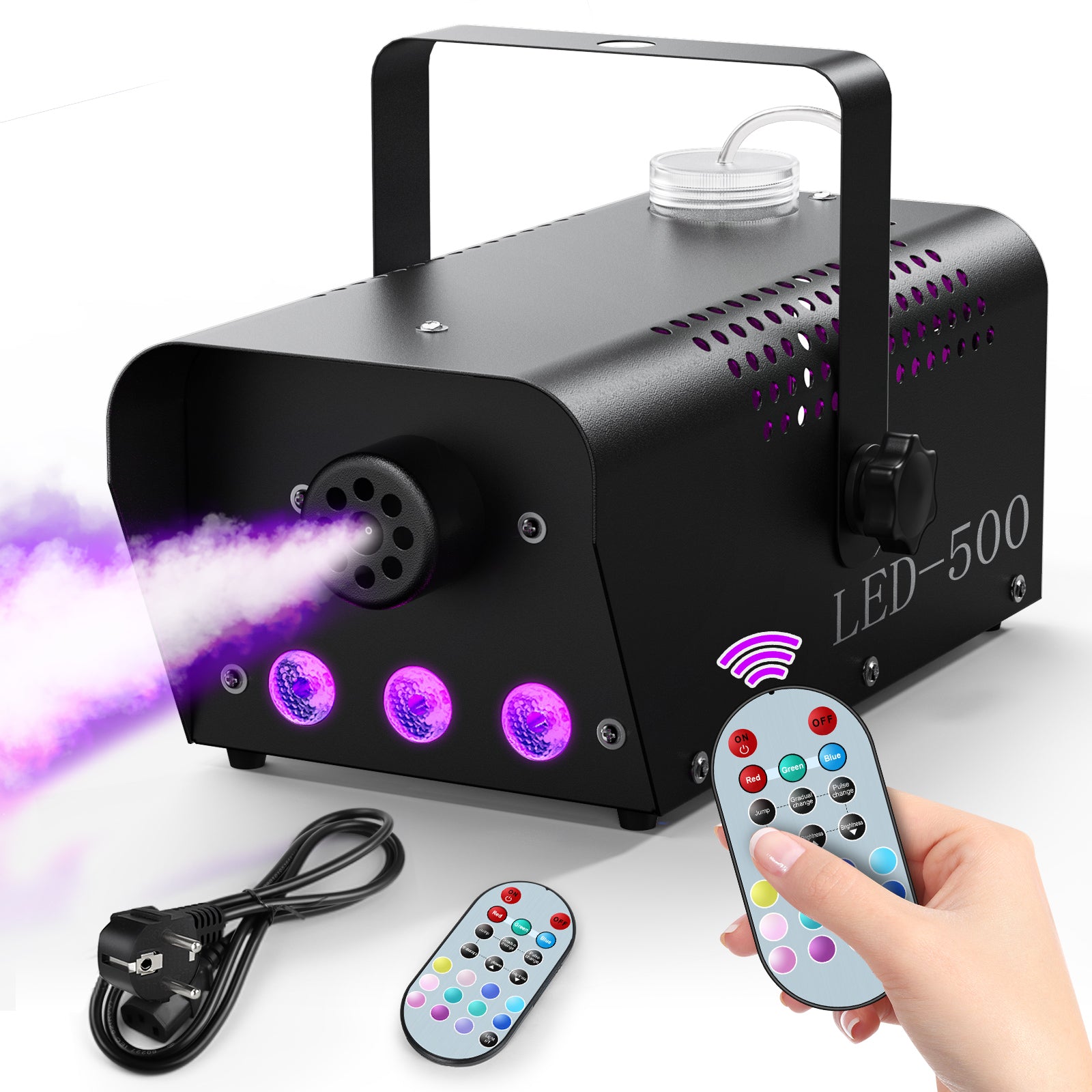 500W Fog Machine with RGB LED Lights, Remote Control, 3000CFM, 15 Lighting Effects for Wedding, DJ, Party, Concert, Halloween